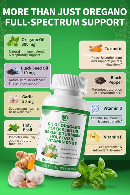 Organische Oregano-Öl-Kapseln mit Schwarzkümmelöl, Knoblauch, Kurkuma, Heiligem Basilikum, Vitamin D3, E & Schwarzem Pfeffer für bessere Aufnahme – Immun-, Verdauungs- & Atemwegsunterstützung – Vegan, Nicht-GVO, 2-Monats-Vorrat