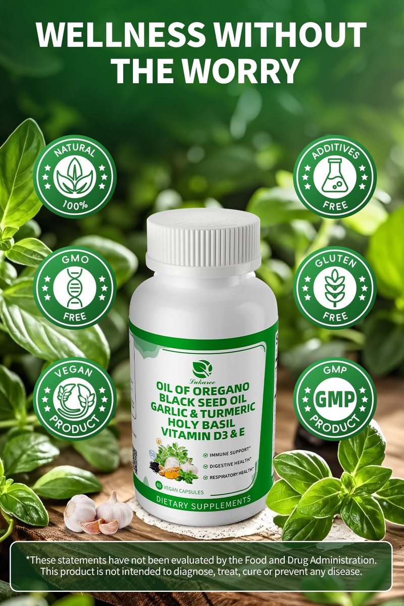 Organische Oregano-Öl-Kapseln mit Schwarzkümmelöl, Knoblauch, Kurkuma, Heiligem Basilikum, Vitamin D3, E & Schwarzem Pfeffer für bessere Aufnahme – Immun-, Verdauungs- & Atemwegsunterstützung – Vegan, Nicht-GVO, 2-Monats-Vorrat