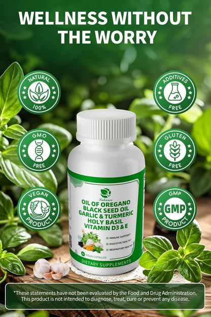 Organische Oregano-Öl-Kapseln mit Schwarzkümmelöl, Knoblauch, Kurkuma, Heiligem Basilikum, Vitamin D3, E & Schwarzem Pfeffer für bessere Aufnahme – Immun-, Verdauungs- & Atemwegsunterstützung – Vegan, Nicht-GVO, 2-Monats-Vorrat
