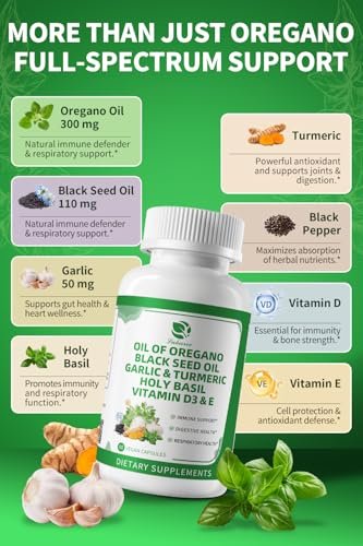 Organische Oregano-Öl-Kapseln mit Schwarzkümmelöl, Knoblauch, Kurkuma, Heiligem Basilikum, Vitamin D3, E & Schwarzem Pfeffer für bessere Aufnahme – Immun-, Verdauungs- & Atemwegsunterstützung – Vegan, Nicht-GVO, 2-Monats-Vorrat