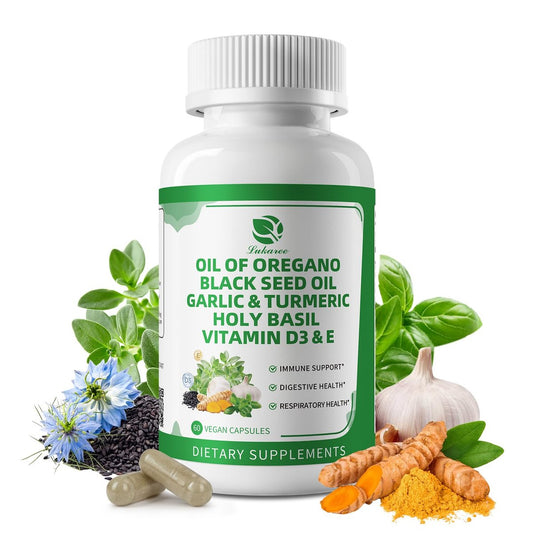 Organische Oregano-Öl-Kapseln mit Schwarzkümmelöl, Knoblauch, Kurkuma, Heiligem Basilikum, Vitamin D3, E & Schwarzem Pfeffer für bessere Aufnahme – Immun-, Verdauungs- & Atemwegsunterstützung – Vegan, Nicht-GVO, 2-Monats-Vorrat