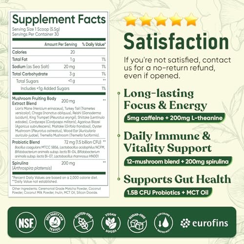 Venture Pal Pilz-Matcha-Pulver – 13 Superfood-Pilz-Kaffee-Alternative mit zeremoniellem Matcha-Pulver, 1,5B Probiotika für Konzentration, Energie & Verdauung