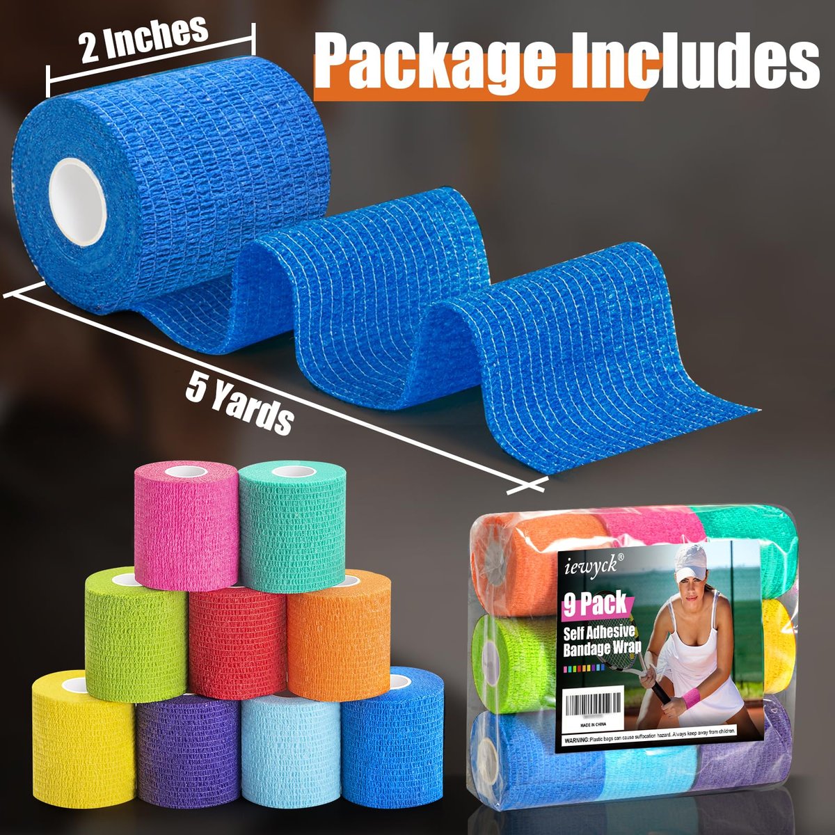9er-Pack selbstklebende elastische Bandage – 2 Zoll × 5 Yards, kohäsive Bandage, Sportverband, selbsthaftendes Tape (mehrfarbig)