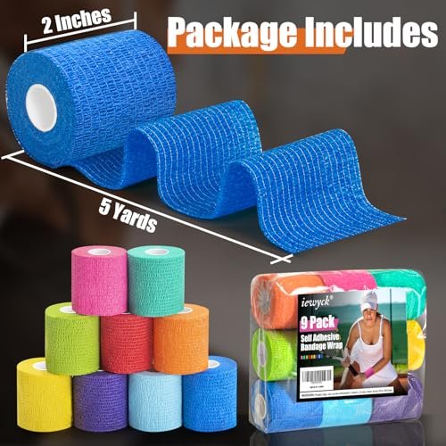 9er-Pack selbstklebende elastische Bandage – 2 Zoll × 5 Yards, kohäsive Bandage, Sportverband, selbsthaftendes Tape (mehrfarbig)