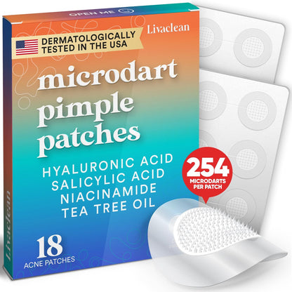 LivaClean 18 CT Microdart Akne-Pflaster – Pickel-Pflaster mit Salicylsäure & Teebaumöl – Dunkle Flecken-Pflaster für das Gesicht, Mitesser-Pflaster, Tiefenwirksames Pickel-Pflaster mit Salicylsäure und Hyaluronsäure