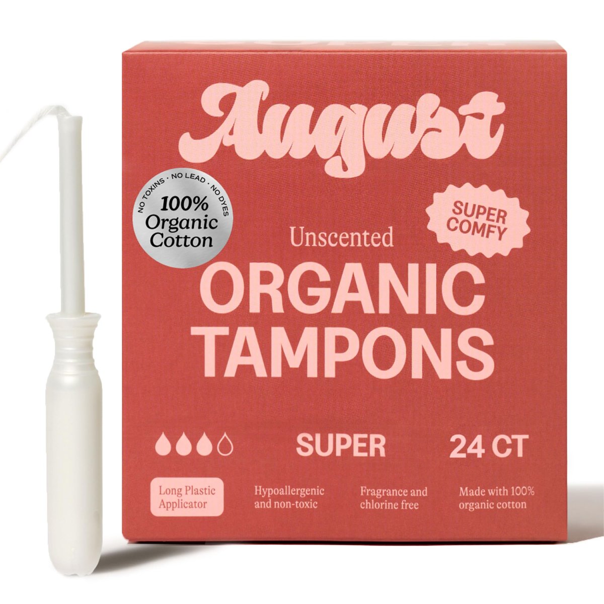 August Super Tampons – 24er Pack 100% Bio-Baumwolltampons für Frauen, ungiftig, parfümfrei und hypoallergen mit langem Applikator