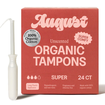 August Super Tampons – 24er Pack 100% Bio-Baumwolltampons für Frauen, ungiftig, parfümfrei und hypoallergen mit langem Applikator