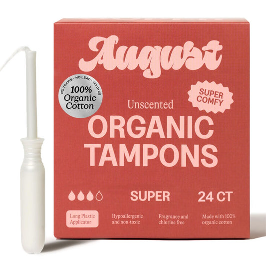 August Super Tampons – 24er Pack 100% Bio-Baumwolltampons für Frauen, ungiftig, parfümfrei und hypoallergen mit langem Applikator