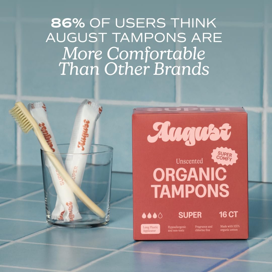 August Super Tampons – 24er Pack 100% Bio-Baumwolltampons für Frauen, ungiftig, parfümfrei und hypoallergen mit langem Applikator
