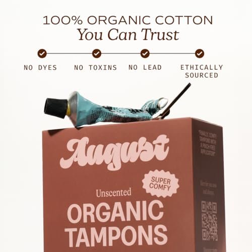 August Super Tampons – 24er Pack 100% Bio-Baumwolltampons für Frauen, ungiftig, parfümfrei und hypoallergen mit langem Applikator