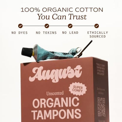 August Super Tampons – 24er Pack 100% Bio-Baumwolltampons für Frauen, ungiftig, parfümfrei und hypoallergen mit langem Applikator