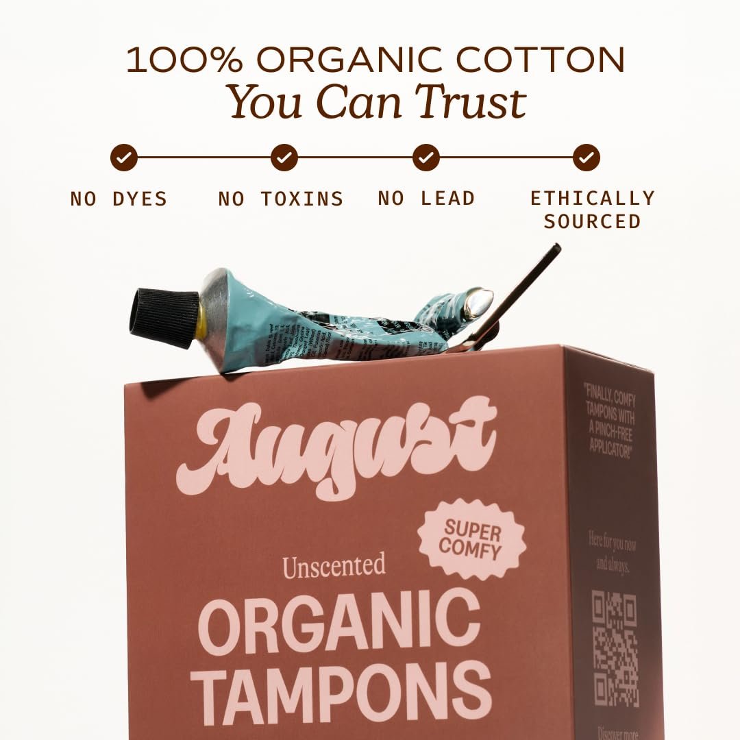 August Super Tampons – 24er Pack 100% Bio-Baumwolltampons für Frauen, ungiftig, parfümfrei und hypoallergen mit langem Applikator