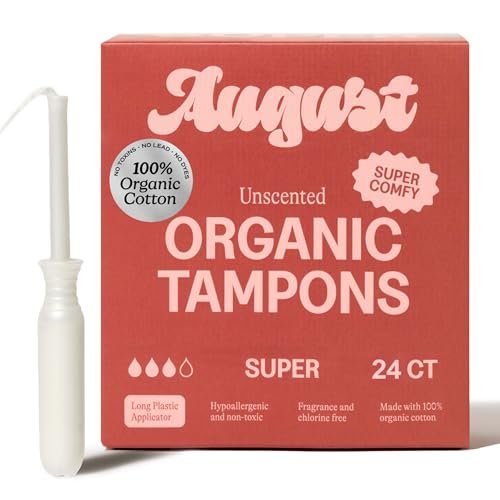 August Super Tampons – 24er Pack 100% Bio-Baumwolltampons für Frauen, ungiftig, parfümfrei und hypoallergen mit langem Applikator