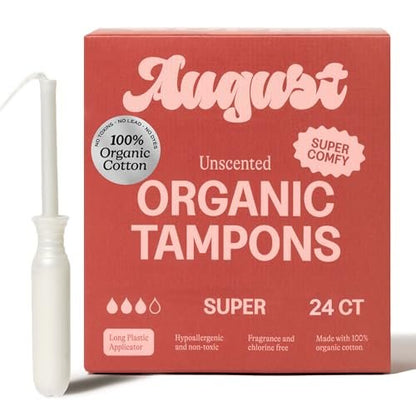 August Super Tampons – 24er Pack 100% Bio-Baumwolltampons für Frauen, ungiftig, parfümfrei und hypoallergen mit langem Applikator