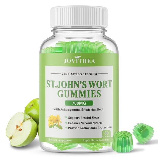 Johanniskraut Gummibärchen 700mg, natürliches pflanzliches Nahrungsergänzungsmittel für Erwachsene & Kinder, unterstützt Ruhe, Entspannung & Gehirngesundheit, vegan, ohne Gentechnik, glutenfrei, Apfelgeschmack, 60 Stück
