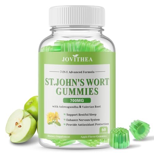 Johanniskraut Gummibärchen 700mg, natürliches pflanzliches Nahrungsergänzungsmittel für Erwachsene & Kinder, unterstützt Ruhe, Entspannung & Gehirngesundheit, vegan, ohne Gentechnik, glutenfrei, Apfelgeschmack, 60 Stück