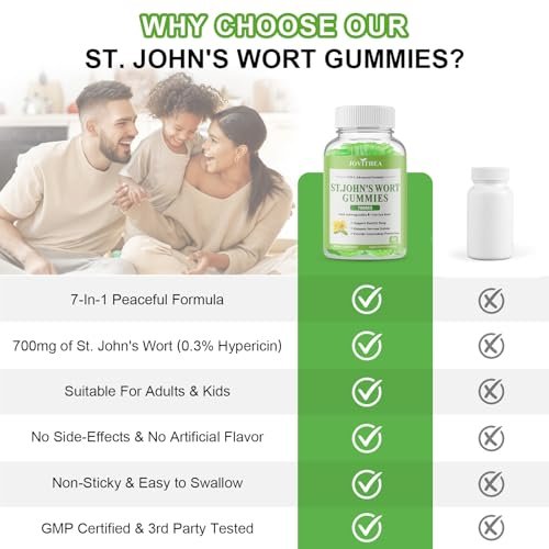 Johanniskraut Gummibärchen 700mg, natürliches pflanzliches Nahrungsergänzungsmittel für Erwachsene & Kinder, unterstützt Ruhe, Entspannung & Gehirngesundheit, vegan, ohne Gentechnik, glutenfrei, Apfelgeschmack, 60 Stück