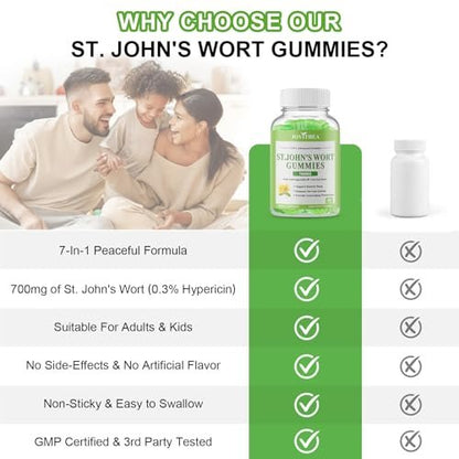 Johanniskraut Gummibärchen 700mg, natürliches pflanzliches Nahrungsergänzungsmittel für Erwachsene & Kinder, unterstützt Ruhe, Entspannung & Gehirngesundheit, vegan, ohne Gentechnik, glutenfrei, Apfelgeschmack, 60 Stück