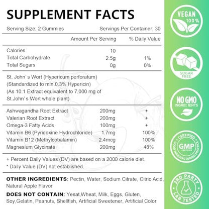 Johanniskraut Gummibärchen 700mg, natürliches pflanzliches Nahrungsergänzungsmittel für Erwachsene & Kinder, unterstützt Ruhe, Entspannung & Gehirngesundheit, vegan, ohne Gentechnik, glutenfrei, Apfelgeschmack, 60 Stück