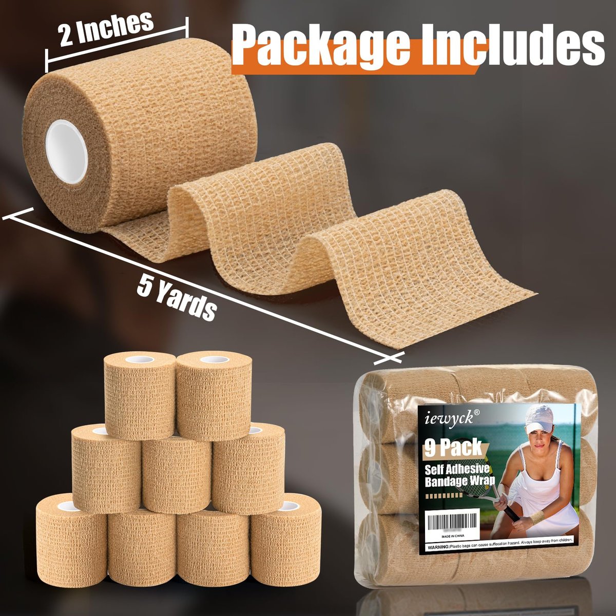 Upgraded 9er-Pack Selbstklebende Bandage – 2 Zoll × 5 Yards Elastische Kohäsionsbandage, Selbsthaftender Verband, Sportwickel, Selbstklebendes Handgelenkband (Beige)