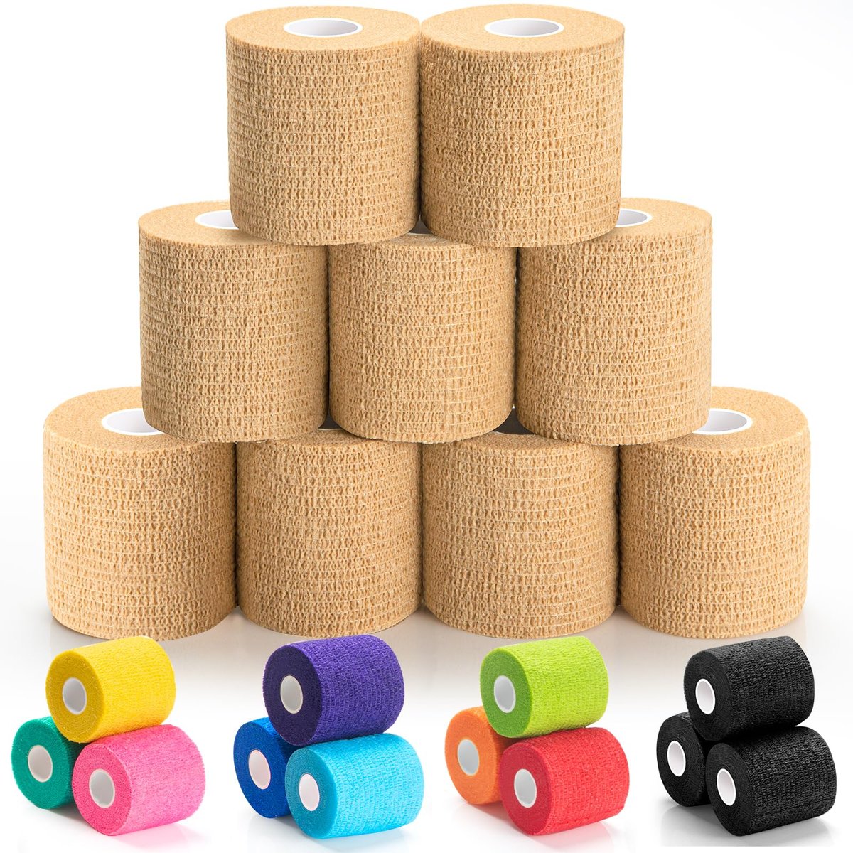 Upgraded 9er-Pack Selbstklebende Bandage – 2 Zoll × 5 Yards Elastische Kohäsionsbandage, Selbsthaftender Verband, Sportwickel, Selbstklebendes Handgelenkband (Beige)