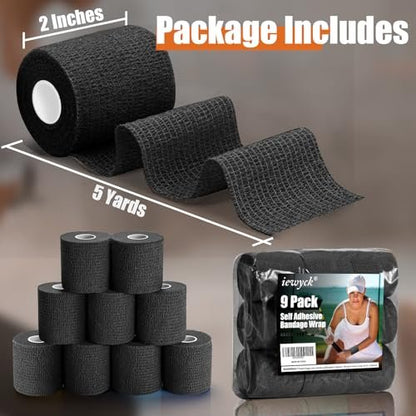 Iewyck Selbstklebender Verband 9er-Pack – 5 cm × 4,5 m Elastischer Kohäsivverband, Selbsthaftender Sportverband, Schwarz