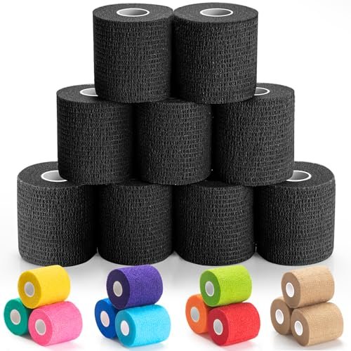 Iewyck Selbstklebender Verband 9er-Pack – 5 cm × 4,5 m Elastischer Kohäsivverband, Selbsthaftender Sportverband, Schwarz