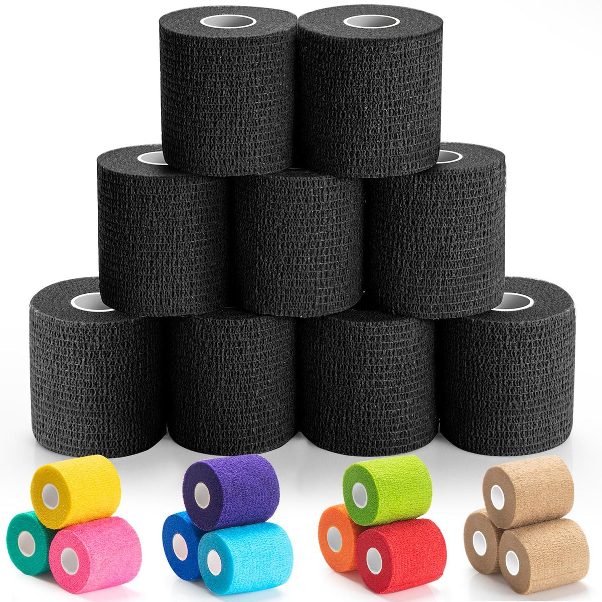 Iewyck Selbstklebender Verband 9er-Pack – 5 cm × 4,5 m Elastischer Kohäsivverband, Selbsthaftender Sportverband, Schwarz