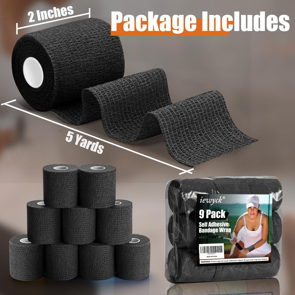 Iewyck Selbstklebender Verband 9er-Pack – 5 cm × 4,5 m Elastischer Kohäsivverband, Selbsthaftender Sportverband, Schwarz