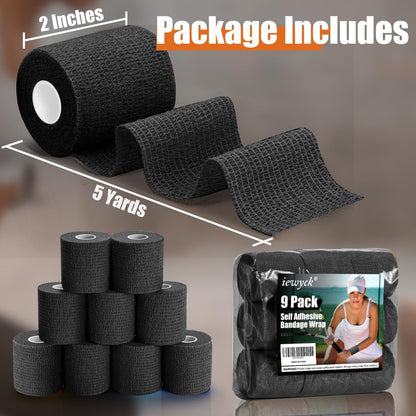 Iewyck Selbstklebender Verband 9er-Pack – 5 cm × 4,5 m Elastischer Kohäsivverband, Selbsthaftender Sportverband, Schwarz