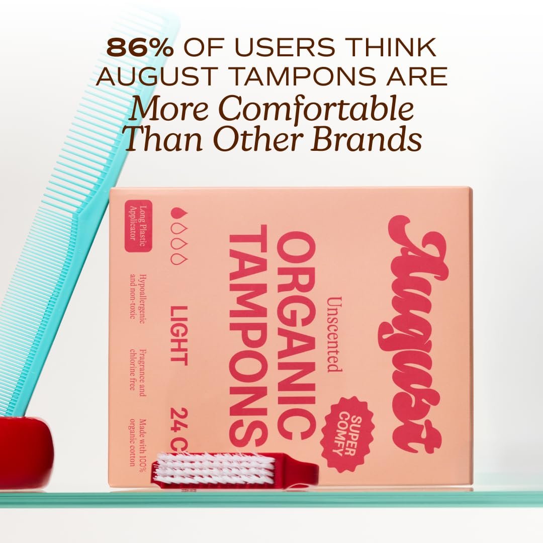 August Light Tampons – 24er Pack 100% Bio-Baumwolltampons für Frauen, ungiftig, parfümfrei, hautfreundlich mit langem Applikator