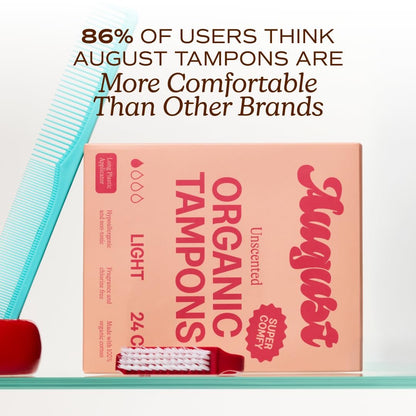 August Light Tampons – 24er Pack 100% Bio-Baumwolltampons für Frauen, ungiftig, parfümfrei, hautfreundlich mit langem Applikator