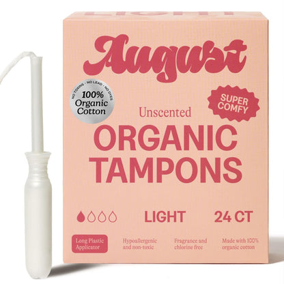 August Light Tampons – 24er Pack 100% Bio-Baumwolltampons für Frauen, ungiftig, parfümfrei, hautfreundlich mit langem Applikator