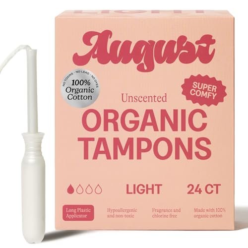 August Light Tampons – 24er Pack 100% Bio-Baumwolltampons für Frauen, ungiftig, parfümfrei, hautfreundlich mit langem Applikator