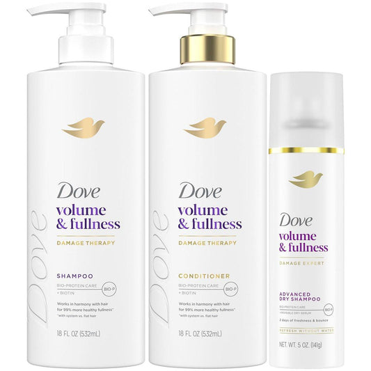 Dove Shampoo und Conditioner Set Volumen & Fülle + Trockenshampoo – für feines, plattes und geschädigtes Haar (3-teiliges Set)