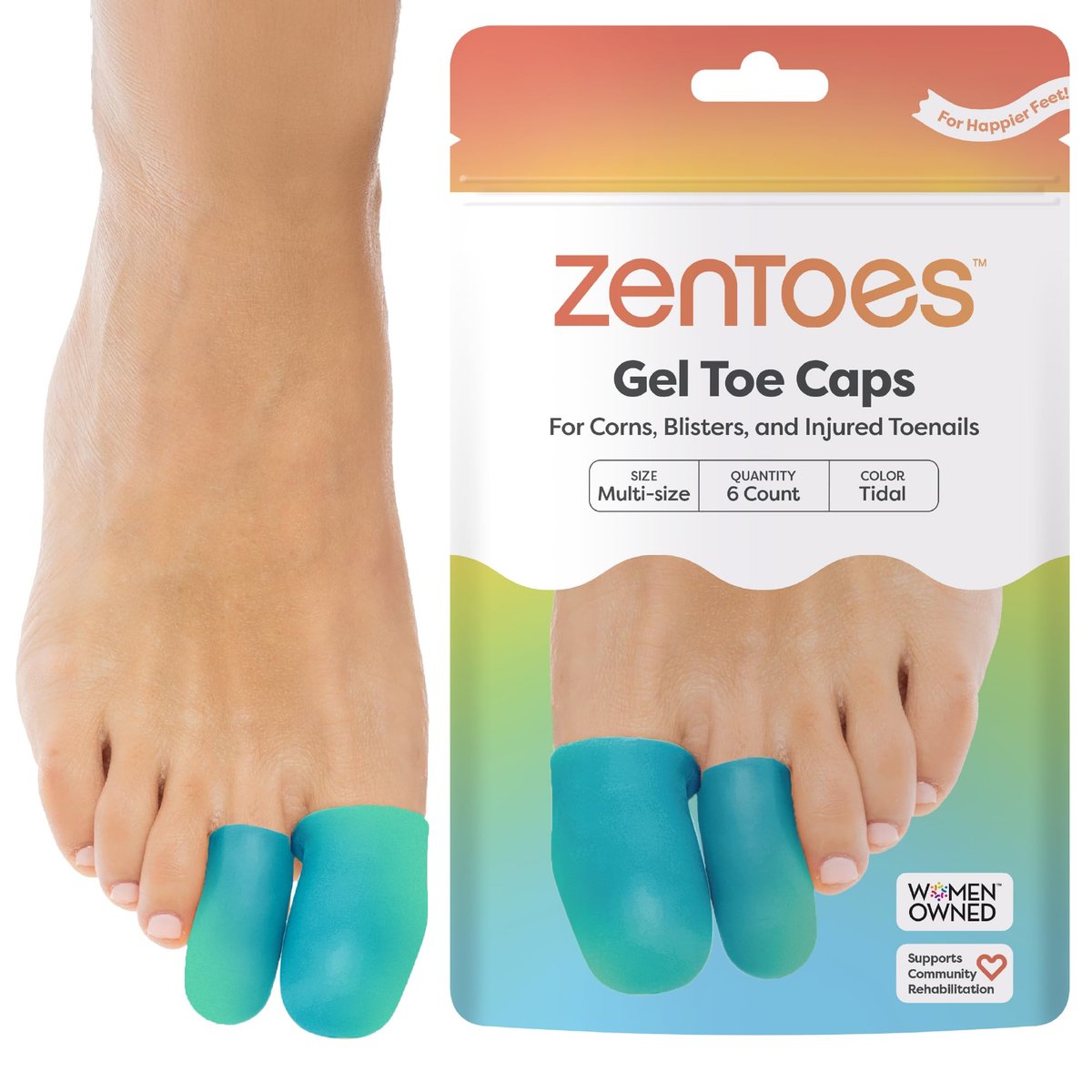 ZenToes Gel Zehenkappen – Silikon Zehenschützer für Polsterung & Nagelschutz – Linderung bei fehlenden oder eingewachsenen Zehennägeln, Hühneraugen, Blasen oder Hammerzehen, wiederverwendbarer täglicher Tragekomfort, 6er Pack (Variety, Tidal)