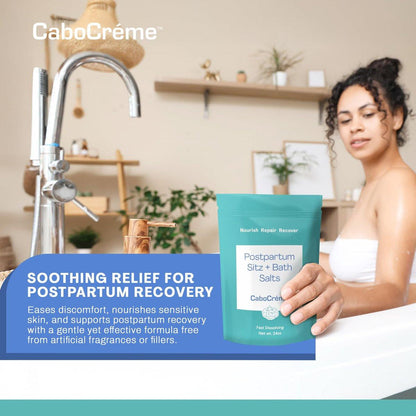 CaboCréme Postpartum Sitz + Badesalz – 680g – Postpartales Bade-Salz für die Dammpflege, Heilung von Rissen, Schwellungen und Hämorrhoiden – Totes Meer Salz mit Magnesium, Arnika, Ringelblume und Kohlextrakt