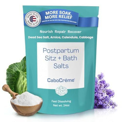 CaboCréme Postpartum Sitz + Badesalz – 680g – Postpartales Bade-Salz für die Dammpflege, Heilung von Rissen, Schwellungen und Hämorrhoiden – Totes Meer Salz mit Magnesium, Arnika, Ringelblume und Kohlextrakt