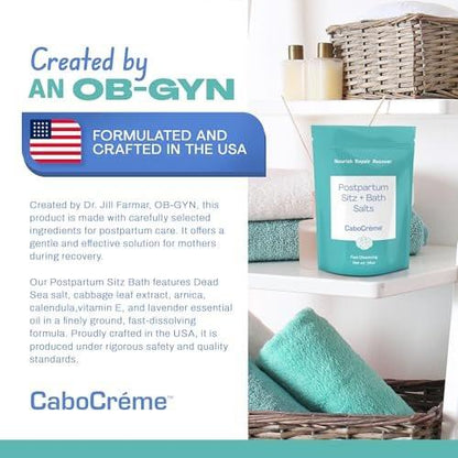 CaboCréme Postpartum Sitz + Badesalz – 680g – Postpartales Bade-Salz für die Dammpflege, Heilung von Rissen, Schwellungen und Hämorrhoiden – Totes Meer Salz mit Magnesium, Arnika, Ringelblume und Kohlextrakt