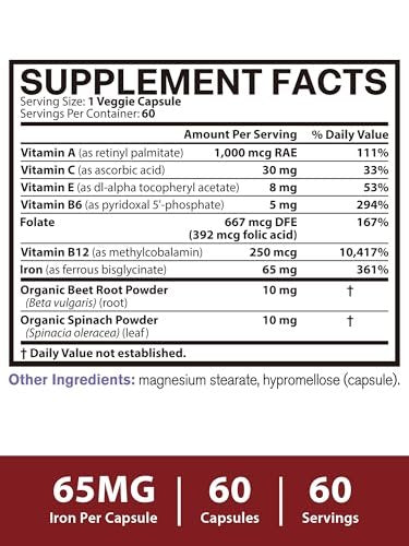 Eisenpräparat für Frauen & Männer, 65mg Eisenbisglycinat-Chelat, Langzeitfreisetzung mit Vitaminen A C E B6, B12, Folat, Bio-Spinat & Rote Bete Pulver, für Durchblutung & Energieunterstützung, 60 Kapseln