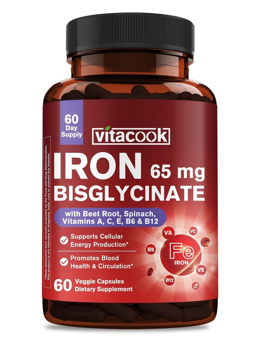 Eisenpräparat für Frauen & Männer, 65mg Eisenbisglycinat-Chelat, Langzeitfreisetzung mit Vitaminen A C E B6, B12, Folat, Bio-Spinat & Rote Bete Pulver, für Durchblutung & Energieunterstützung, 60 Kapseln