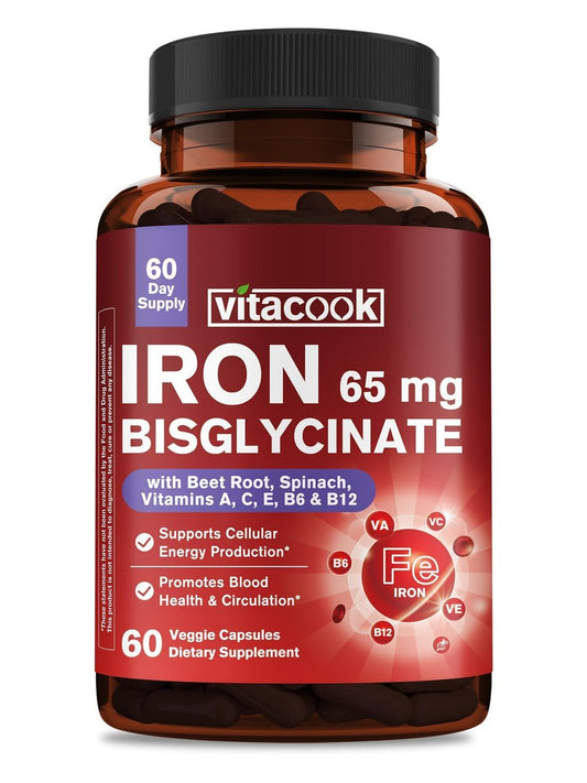 Eisenpräparat für Frauen & Männer, 65mg Eisenbisglycinat-Chelat, Langzeitfreisetzung mit Vitaminen A C E B6, B12, Folat, Bio-Spinat & Rote Bete Pulver, für Durchblutung & Energieunterstützung, 60 Kapseln