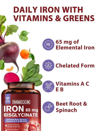Eisenpräparat für Frauen & Männer, 65mg Eisenbisglycinat-Chelat, Langzeitfreisetzung mit Vitaminen A C E B6, B12, Folat, Bio-Spinat & Rote Bete Pulver, für Durchblutung & Energieunterstützung, 60 Kapseln