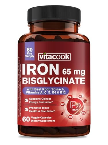 Eisenpräparat für Frauen & Männer, 65mg Eisenbisglycinat-Chelat, Langzeitfreisetzung mit Vitaminen A C E B6, B12, Folat, Bio-Spinat & Rote Bete Pulver, für Durchblutung & Energieunterstützung, 60 Kapseln