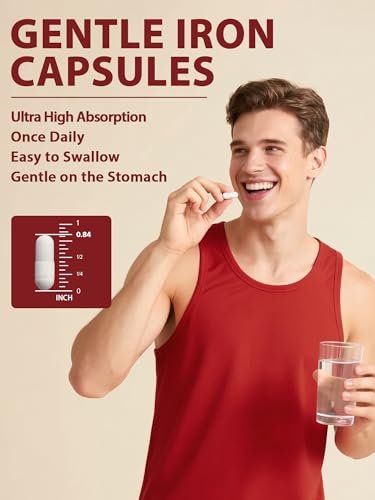 Eisenpräparat für Frauen & Männer, 65mg Eisenbisglycinat-Chelat, Langzeitfreisetzung mit Vitaminen A C E B6, B12, Folat, Bio-Spinat & Rote Bete Pulver, für Durchblutung & Energieunterstützung, 60 Kapseln