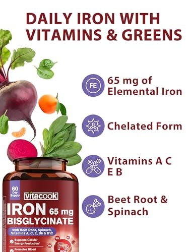 Eisenpräparat für Frauen & Männer, 65mg Eisenbisglycinat-Chelat, Langzeitfreisetzung mit Vitaminen A C E B6, B12, Folat, Bio-Spinat & Rote Bete Pulver, für Durchblutung & Energieunterstützung, 60 Kapseln