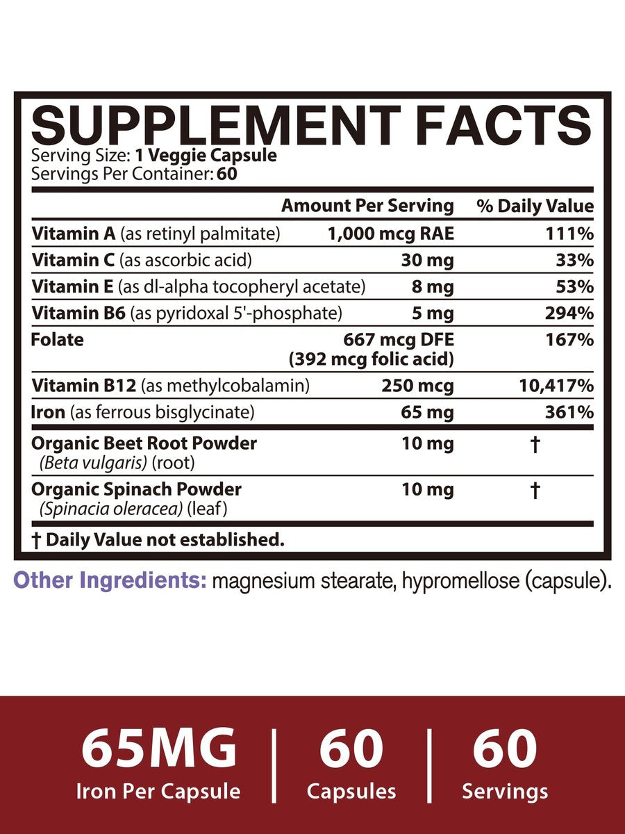 Eisenpräparat für Frauen & Männer, 65mg Eisenbisglycinat-Chelat, Langzeitfreisetzung mit Vitaminen A C E B6, B12, Folat, Bio-Spinat & Rote Bete Pulver, für Durchblutung & Energieunterstützung, 60 Kapseln
