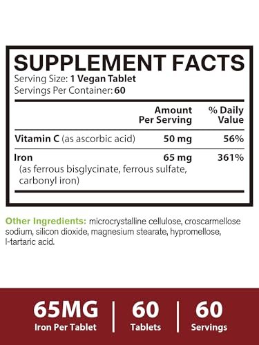 Vitacook Eisenpräparat für Frauen & Männer, 3-in-1 65 mg Eisen Tabletten, Bisglycinat, Sulfat, Carbonyleisen mit Vitamin C, verbesserte Absorption, Energie, Unterstützung roter Blutkörperchen, sanft, 60 Tabletten