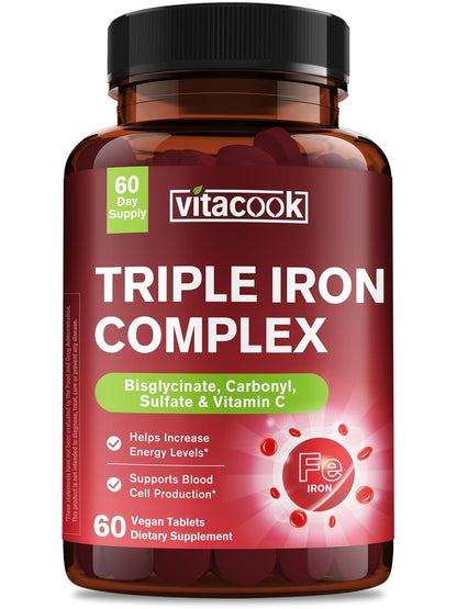 Vitacook Eisenpräparat für Frauen & Männer, 3-in-1 65 mg Eisen Tabletten, Bisglycinat, Sulfat, Carbonyleisen mit Vitamin C, verbesserte Absorption, Energie, Unterstützung roter Blutkörperchen, sanft, 60 Tabletten