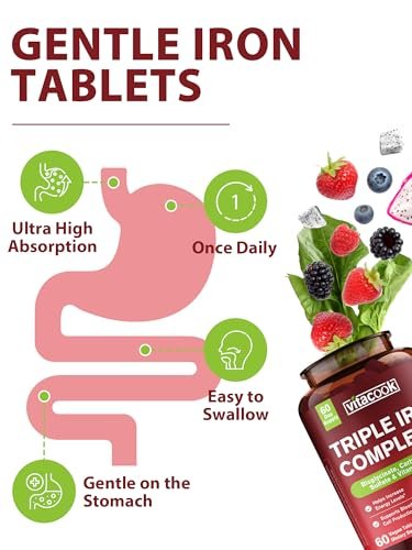 Vitacook Eisenpräparat für Frauen & Männer, 3-in-1 65 mg Eisen Tabletten, Bisglycinat, Sulfat, Carbonyleisen mit Vitamin C, verbesserte Absorption, Energie, Unterstützung roter Blutkörperchen, sanft, 60 Tabletten